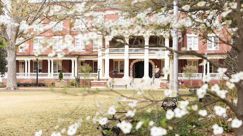 Outdoor photo of the front of campus in spring